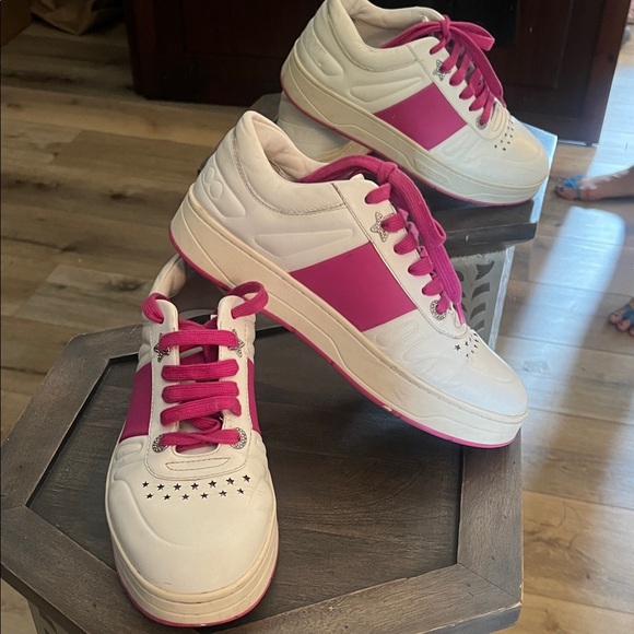 🛑 1 hour sale. Jimmy Choo, size 38 EU Hawaii Leather Strip Pink/ White Athletic - Picture 1 of 16